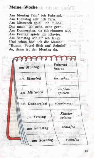 Meine Woche
Am Montag fahr’ ich Fahrrad.
Am Dienstag seh’ ich fern.
Am Mittwoch spiel’ ich Fußball.
Das mach* ich sehr, sehr gern.
Am Donnerstag, da schwimmen wir.
Am Freitag spiele ich Klavier.
Am Samstag schlaf’ ich lange.
Und schon hör’ ich die Mama:
“Komm, Peter! Steh auf! Schule!”
Ja, dann ist der Montag da.
Fahrrad
fahrenam Montag
fernsehenam Dienstag
Fußball
spielenam Mittwoch
schwimmenam Donnerstag
Klavier
spielenam Freitag
schlafenam Samstag
schlafenam Sonntag
 