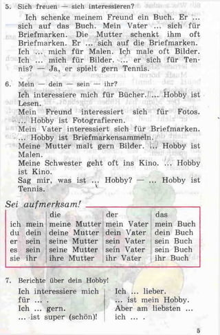 5. Sich freuen — sich interessieren?
Ich schenke meinem Freund ein Buch. Er ...
sich auf das Buch. Mein Vater ... sich für
Briefmarken. Die Mutter schenkt ihm oft
Briefmarken. Er ... sich auf die Briefmarken.
Ich ... mich für Malen. Ich male oft Bilder.
Ich ... mich für Bilder.'... er sich für Ten­
nis? — Ja, er spielt gern Tennis.
6. Mein — dein — sein — ihr?
ldi interessiere mich für Bücher. ... Hobby ist
Lesen.
Mein Freund interessiert sich für Fotos.
... Hobby ist Fotografieren.
Mein Vater interessiert sich für Briefmarken.
... Hobby ist Briefmarkensammeln.
Meine Mutter malt gern Bilder. Hobby ist
Malen.
Meine Schwester geht oft ins Kino. ... Hobby
ist Kino.
Sag mir, was ist ... Hobby? — ... Hobby ist
Tennis. v
Sei aufmerksam!
ich mein
die
meine Mutter
der
mein Vater
das
mein Buch
du dein deine Mutter dein Vater dein Buch
er sein seine Mutter sein Vater sein Buch
es sein seine Mutter sein Vater sein Buch
sie ihr ihre Mutter ihr Vater ihr Buch
Berichte über dein Hobby!
Ich interessiere mich
für ... .
Ich ... gern.
... ist super (schön)!
Ich ... lieber.
... ist mein Hobby.
Aber am liebsten ..
ich ... .
 