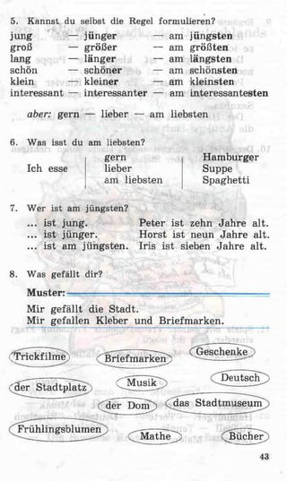 5. Kannst du selbst die Regel formulieren?
jung — jünger — am jüngsten
groß — größer — am größten
lang — länger — am längsten
schön — schöner — am schönsten
klein — kleiner — am kleinsten
interessant — interessanter — am interessantesten
aber: gern — lieber — am liebsten
6. Was isst du am liebsten?
Ich esse
gern
lieber
am liebsten
Hamburger
Suppe
Spaghetti
7. Wer ist am jüngsten?
... ist jung. Peter ist zehn Jahre alt.
... ist jünger. Horst ist neun Jahre alt.
... ist am jüngsten. Iris ist sieben Jahre alt.
8. Was gefällt dir?
Muster: < -
Mir gefällt die Stadt.
Mir gefallen Kleber und Briefmarken.
(T rickfilme) Briefmarken^) CGeschenke^
'■ffer^StedtpStz ) C M ^ i T ) ^
rderDonT') CdasStadtmuseum
Frühlingsblumen
;^Mathe^) (JBücher )
43
 