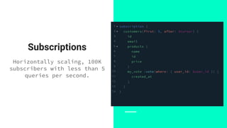 Subscriptions
Horizontally scaling, 100K
subscribers with less than 5
queries per second.
 