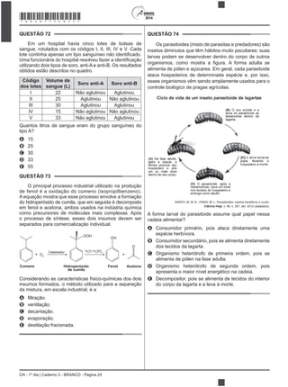 CN - 1º dia | Caderno 3 - BRANCO - Página 24
2014
QUESTÃO 72
Em um hospital havia cinco lotes de bolsas de
sangue, rotulados com os códigos I, II, III, IV e V. Cada
utilizando dois tipos de soro, anti-A e anti-B. Os resultados
obtidos estão descritos no quadro.
Código
dos lotes
Volume de
sangue (L)
Soro anti-A Soro anti-B
I 22 Não aglutinou Aglutinou
II 25 Aglutinou Não aglutinou
III 30 Aglutinou Aglutinou
IV 15 Não aglutinou Não aglutinou
V 33 Não aglutinou Aglutinou
Quantos litros de sangue eram do grupo sanguíneo do
tipo A?
A 15
B 25
C 30
D 33
E 55
QUESTÃO 73
O principal processo industrial utilizado na produção
de fenol é a oxidação do cumeno (isopropilbenzeno).
A equação mostra que esse processo envolve a formação
do hidroperóxido de cumila, que em seguida é decomposto
em fenol e acetona, ambos usados na indústria química
como precursores de moléculas mais complexas. Após
o processo de síntese, esses dois insumos devem ser
separados para comercialização individual.
Cumeno
+ O2
Catalisador
OOH
H2
O / H2
SO4
OH
Hidroperóxido
de cumila
Fenol
+
O
Acetona
Considerando as características físico-químicas dos dois
insumos formados, o método utilizado para a separação
da mistura, em escala industrial, é a
A
B ventilação.
C decantação.
D evaporação.
E destilação fracionada.
QUESTÃO 74
Os parasitoides (misto de parasitas e predadores) são
insetos diminutos que têm hábitos muito peculiares: suas
larvas podem se desenvolver dentro do corpo de outros
alimenta de pólen e açúcares. Em geral, cada parasitoide
ataca hospedeiros de determinada espécie e, por isso,
esses organismos vêm sendo amplamente usados para o
controle biológico de pragas agrícolas.
Ciência Hoje, v. 49, n. 291, abr. 2012 (adaptado).
A forma larval do parasitoide assume qual papel nessa
cadeia alimentar?
A Consumidor primário, pois ataca diretamente uma
espécie herbívora.
B Consumidor secundário, pois se alimenta diretamente
dos tecidos da lagarta.
C Organismo heterótrofo de primeira ordem, pois se
alimenta de pólen na fase adulta.
D Organismo heterótrofo de segunda ordem, pois
apresenta o maior nível energético na cadeia.
E Decompositor, pois se alimenta de tecidos do interior
do corpo da lagarta e a leva à morte.
*BRAN75SAB24*
 