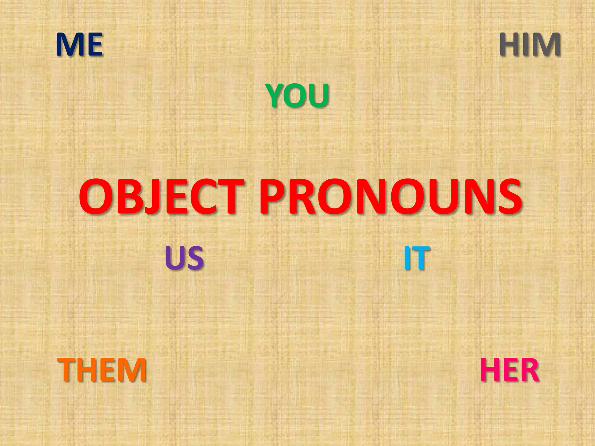 ME                     HIM
            YOU

OBJECT PRONOUNS
       US         IT


THEM                   HER
 