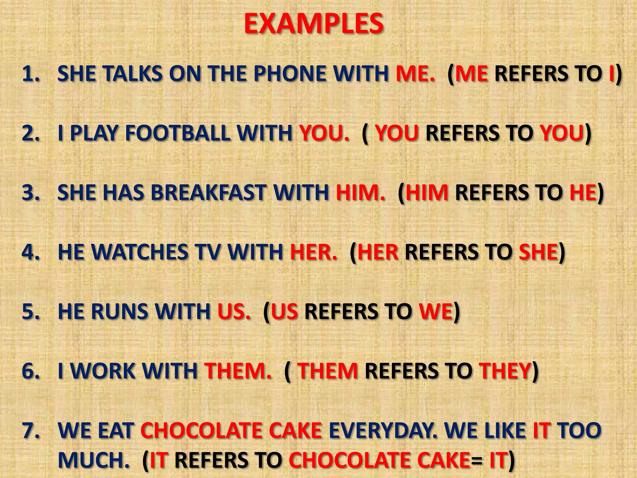 EXAMPLES
1. SHE TALKS ON THE PHONE WITH ME. (ME REFERS TO I)

2. I PLAY FOOTBALL WITH YOU. ( YOU REFERS TO YOU)

3. SHE HAS BREAKFAST WITH HIM. (HIM REFERS TO HE)

4. HE WATCHES TV WITH HER. (HER REFERS TO SHE)

5. HE RUNS WITH US. (US REFERS TO WE)

6. I WORK WITH THEM. ( THEM REFERS TO THEY)

7. WE EAT CHOCOLATE CAKE EVERYDAY. WE LIKE IT TOO
   MUCH. (IT REFERS TO CHOCOLATE CAKE= IT)
 