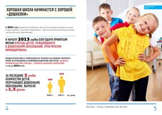 ХОРОШАЯ ШКОЛА НАЧИНАЕТСЯ С ХОРОШЕЙ
«ДОШКОЛКИ»
2010 г. 2013 г. тыс. детей
424
288
В 2011 году Правительство Москвы приступило к решению одной из самых
острых проблем столичного образования – обеспечение всех маленьких москви-
чей дошкольным образованием.
К началу 2013 года благодаря принятым
мерам очередь детей, нуждающихся
в дошкольном образовании, практически
ликвидирована.
Недостаток мест сохраняется только на новых террито-
риях (в Троицком и Новомосковском округах). Задача
ПРАВИТЕЛЬСТВА ГОРОДА – решить данную проблему
к концу 2014 года.
За последние 3 года
количество детей,
получающих дошкольное
образование, выросло 
в 1,5 раза:
МОСКВА – город, удобный для жизни
5
ОБРАЗОВАННЫЙ
ГОРОД
4
 