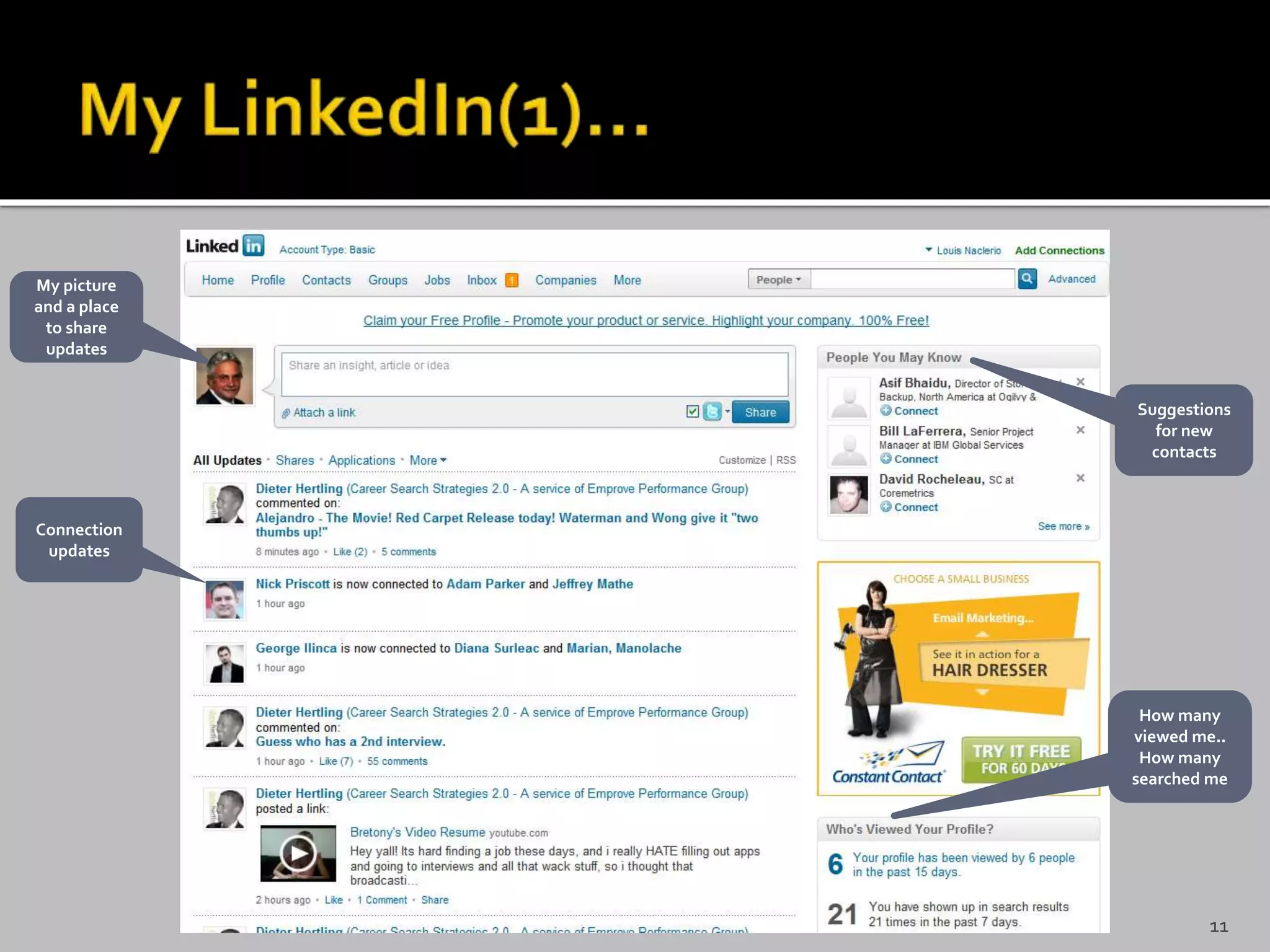 My picture
and a place
to share
updates
Connection
updates
Suggestions
for new
contacts
How many
viewed me..
How many
searched me
11
 