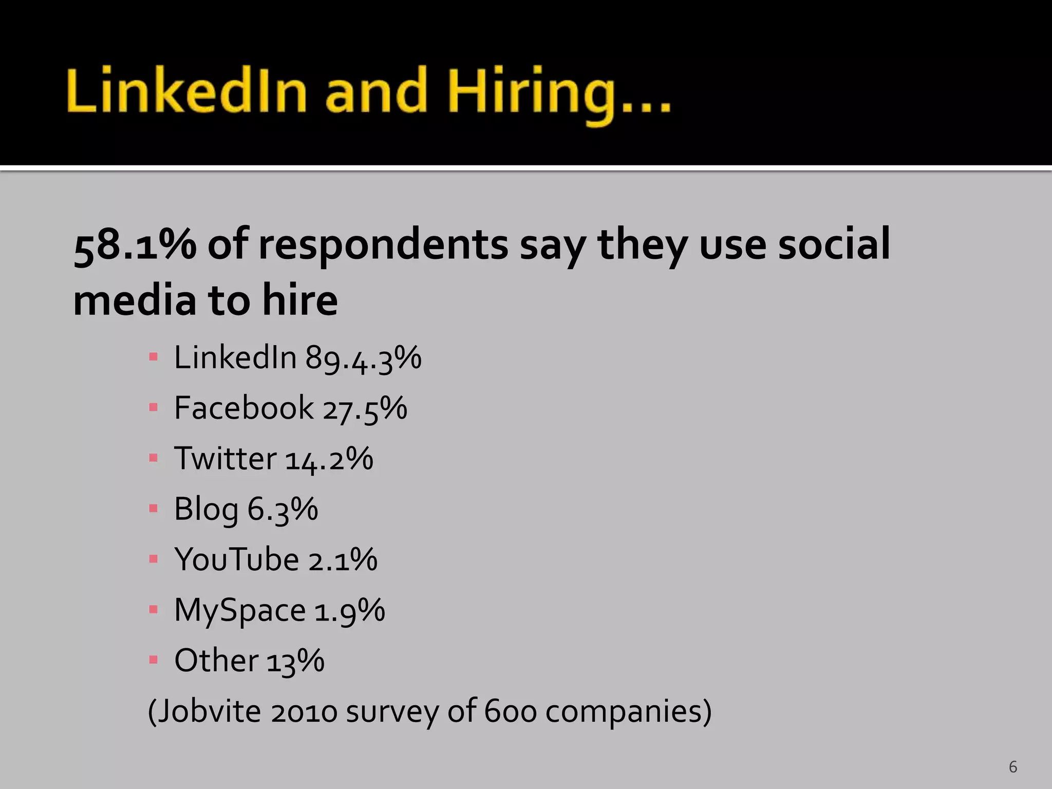 58.1% of respondents say they use social
media to hire
▪ LinkedIn 89.4.3%
▪ Facebook 27.5%
▪ Twitter 14.2%
▪ Blog 6.3%
▪ YouTube 2.1%
▪ MySpace 1.9%
▪ Other 13%
(Jobvite 2010 survey of 600 companies)
6
 