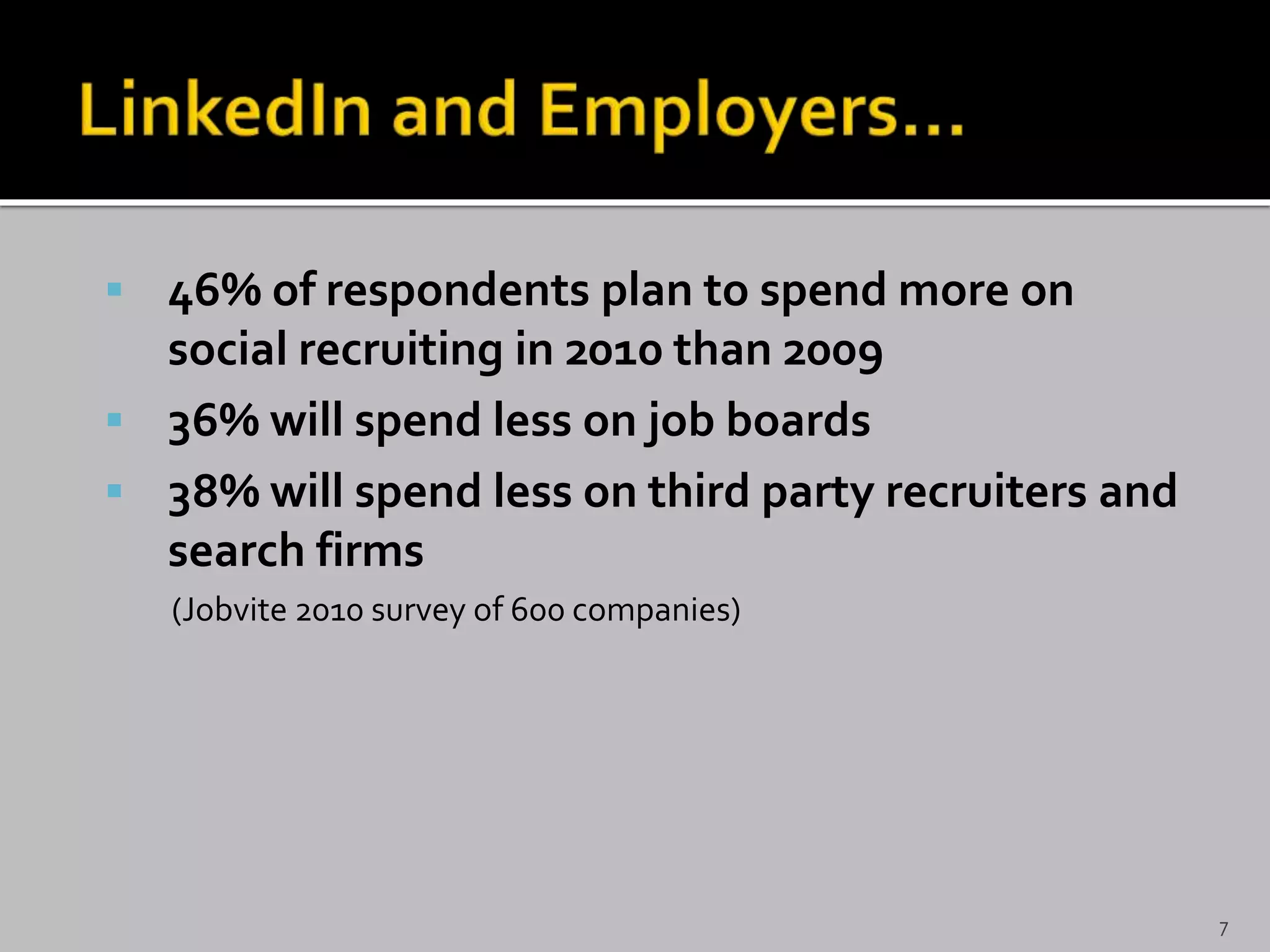 46% of respondents plan to spend more on
social recruiting in 2010 than 2009
 36% will spend less on job boards
 38% will spend less on third party recruiters and
search firms
(Jobvite 2010 survey of 600 companies)
7
 