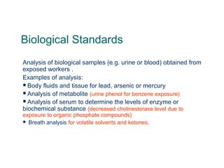 Biological Standards
Analysis of biological samples (e.g. urine or blood) obtained from
exposed workers .
Examples of analysis:
Body fluids and tissue for lead, arsenic or mercury
Analysis of metabolite (urine phenol for benzene exposure)
Analysis of serum to determine the levels of enzyme or
biochemical substance (decreased cholinesterase level due to
exposure to organic phosphate compounds)
 Breath analysis for volatile solvents and ketones.
 