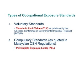 Types of Occupational Exposure Standards
1. Voluntary Standards
- Threshold Limit Values (TLV) as published by the
American Conference of Governmental Industrial Hygienist
(ACGIH)
2. Compulsory Standards (as quoted in
Malaysian OSH Regulations)
- Permissible Exposure Limits (PEL)
 