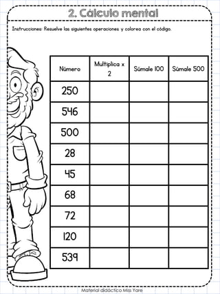 2. Cálculo mental
Material didáctico Miss Yare
Instrucciones: Resuelve las siguientes operaciones y colorea con el código.
Número
Multiplica x
2
Súmale 100 Súmale 500
250
546
500
28
45
68
72
120
539
 
