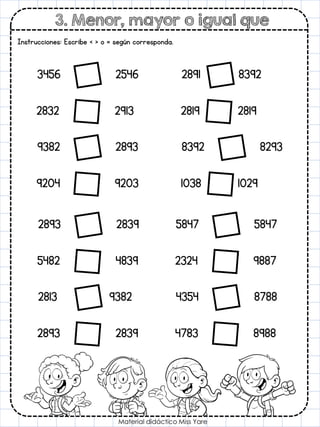 3. Menor, mayor o igual que
Material didáctico Miss Yare
Instrucciones: Escribe < > o = según corresponda.
3456 2546
2832 2913
9382 2893
9204 9203
2893 2839
5482 4839
2813 9382
2893 2839
2891 8392
2819 2819
8392 8293
1038 1029
5847 5847
2324 9887
4354 8788
4783 8988
 