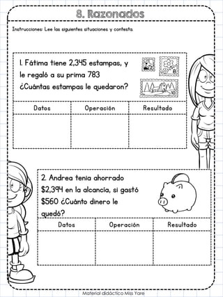 8. Razonados
Material didáctico Miss Yare
Instrucciones: Lee las siguientes situaciones y contesta.
Datos Operación Resultado
1. Fátima tiene 2,345 estampas, y
le regaló a su prima 783
¿Cuántas estampas le quedaron?
Datos Operación Resultado
2. Andrea tenia ahorrado
$2,394 en la alcancía, si gastó
$560 ¿Cuánto dinero le
quedó?
 