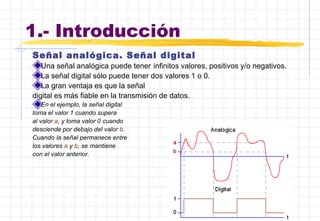1.- Introducción
Señal analógica. Señal digital
Una señal analógica puede tener infinitos valores, positivos y/o negativos.
La señal digital sólo puede tener dos valores 1 o 0.
La gran ventaja es que la señal
digital es más fiable en la transmisión de datos.
En el ejemplo, la señal digital
toma el valor 1 cuando supera
al valor a, y toma valor 0 cuando
desciende por debajo del valor b.
Cuando la señal permanece entre
los valores a y b, se mantiene
con el valor anterior.
 