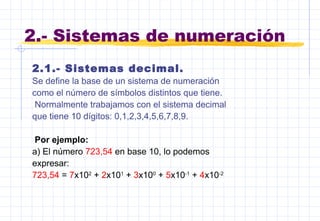 2.- Sistemas de numeración
2.1.- Sistemas decimal.
Se define la base de un sistema de numeración
como el número de símbolos distintos que tiene.
Normalmente trabajamos con el sistema decimal
que tiene 10 dígitos: 0,1,2,3,4,5,6,7,8,9.
Por ejemplo:
a) El número 723,54 en base 10, lo podemos
expresar:
723,54 = 7x102
+ 2x101
+ 3x100
+ 5x10-1
+ 4x10-2
 