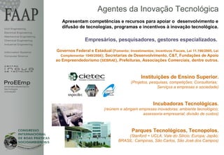 Agentes da Inovação Tecnológica
                            Apresentam competências e recursos para apoiar o desenvolvimento e
Civil Engineering
                            difusão de tecnologias, programas e incentivos à inovação tecnológica.
Electrical Engineering
Mechanical Engineering
Chemical Engineering                     Empresários, pesquisadores, gestores especializados.
Industrial Engineering


Information Systems      Governos Federal e Estadual (Fomento; Investimentos; Incentivos Fiscais, Lei 11.196/2005, Lei
Computer Science           Complementar 1049/2008); Secretarias de Desenvolvimento, C&T, Fundações de Apoio
                         ao Empreendedorismo (SEBRAE), Prefeituras, Associações Comerciais, dentre outros.



                                                                         Instituições de Ensino Superior.
ProEEmp                                                            (Projetos, pesquisas, competições; Consultorias;
empreendedorismo
tecnologia
                                                                                  Serviços a empresas e sociedade)
inovação




                                                                                Incubadoras Tecnológicas.
                                                    (reúnem e abrigam empresas inovadoras; ambiente tecnológico;
                                                                        assessoria empresarial; divisão de custos)



                                                                    Parques Tecnológicos, Tecnopolos.
                                                                 (Stanford + UCLA, Vale do Silício; Europa; Japão;
                                                            BRASIL: Campinas, São Carlos, São José dos Campos)

                                                                                                                         1
 