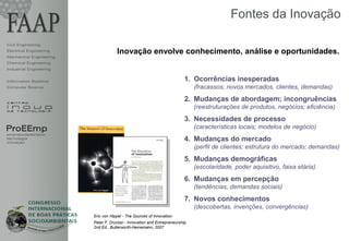 Fontes da Inovação

Civil Engineering
Electrical Engineering               Inovação envolve conhecimento, análise e oportunidades.
Mechanical Engineering
Chemical Engineering
Industrial Engineering


Information Systems                                                       1. Ocorrências inesperadas
Computer Science                                                               (fracassos; novos mercados, clientes, demandas)
                                                                          2. Mudanças de abordagem; incongruências
                                                                               (reestruturações de produtos, negócios; eficiência)
                                                                          3. Necessidades de processo
ProEEmp                                                                        (características locais; modelos de negócio)
empreendedorismo
tecnologia
inovação
                                                                          4. Mudanças do mercado
                                                                               (perfil de clientes; estrutura do mercado; demandas)
                                                                          5. Mudanças demográficas
                                                                               (escolaridade, poder aquisitivo, faixa etária)
                                                                          6. Mudanças em percepção
                                                                               (tendências, demandas sociais)
                                                                          7. Novos conhecimentos
                                                                               (descobertas, invenções, convergências)
                         Eric von Hippel - The Sources of Innovation.
                         Peter F. Drucker - Innovation and Entrepreneurship,
                         2nd Ed., Butterworth-Heinemann, 2007
 