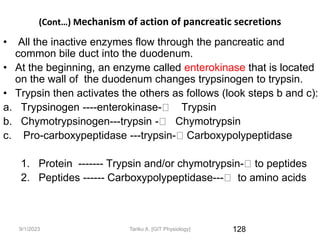 9/1/2023
(Cont…) Mechanism of action of pancreatic secretions
• All the inactive enzymes flow through the pancreatic and
common bile duct into the duodenum.
• At the beginning, an enzyme called enterokinase that is located
on the wall of the duodenum changes trypsinogen to trypsin.
• Trypsin then activates the others as follows (look steps b and c):
a. Trypsinogen ----enterokinase- Trypsin
b. Chymotrypsinogen---trypsin - Chymotrypsin
c. Pro-carboxypeptidase ---trypsin- Carboxypolypeptidase
1. Protein ------- Trypsin and/or chymotrypsin- to peptides
2. Peptides ------ Carboxypolypeptidase--- to amino acids
128
Tariku A. [GIT Physiology]
 