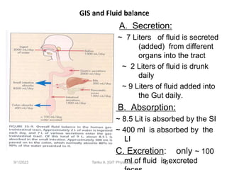 9/1/2023
GIS and Fluid balance
A. Secretion:
~ 7 Liters of fluid is secreted
(added) from different
organs into the tract
~ 2 Liters of fluid is drunk
daily
~ 9 Liters of fluid added into
the Gut daily.
B. Absorption:
~ 8.5 Lit is absorbed by the SI
~ 400 ml is absorbed by the
LI
C. Excretion: only ~ 100
ml of fluid is excreted
5
Tariku A. [GIT Physiology]
 