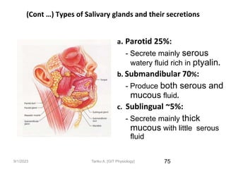 9/1/2023
(Cont …) Types of Salivary glands and their secretions
a. Parotid 25%:
- Secrete mainly serous
watery fluid rich in ptyalin.
b. Submandibular 70%:
- Produce both serous and
mucous fluid.
c. Sublingual ~5%:
- Secrete mainly thick
mucous with little serous
fluid
75
Tariku A. [GIT Physiology]
 