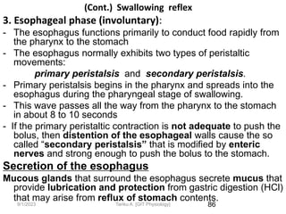 9/1/2023
(Cont.) Swallowing reflex
3. Esophageal phase (involuntary):
- The esophagus functions primarily to conduct food rapidly from
the pharynx to the stomach
- The esophagus normally exhibits two types of peristaltic
movements:
primary peristalsis and secondary peristalsis.
- Primary peristalsis begins in the pharynx and spreads into the
esophagus during the pharyngeal stage of swallowing.
- This wave passes all the way from the pharynx to the stomach
in about 8 to 10 seconds
- If the primary peristaltic contraction is not adequate to push the
bolus, then distention of the esophageal walls cause the so
called “secondary peristalsis” that is modified by enteric
nerves and strong enough to push the bolus to the stomach.
Secretion of the esophagus
Mucous glands that surround the esophagus secrete mucus that
provide lubrication and protection from gastric digestion (HCl)
that may arise from reflux of stomach contents.
86
Tariku A. [GIT Physiology]
 