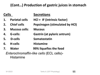 9/1/2023
(Cont…) Production of gastric juices in stomach
Cells Secretions
1. Parietal cells HCl + IF (intrinsic factor)
2. Chief cells Pepsinogen (stimulated by HCl)
3. Mucous cells: Mucous
4. G-cells: Gastrin (at pyloric antrum)
5. D-cells Somatostatin
6. H-cells Histamine
7. Water 99% liquefies the food
Enterochromaffin-like cells (ECL cells)-
Histamine
95
Tariku A. [GIT Physiology]
 