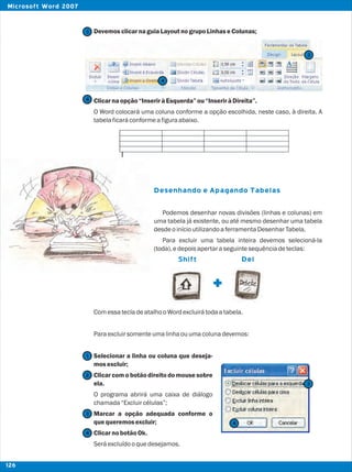 DevemosclicarnaguiaLayoutnogrupoLinhaseColunas;
Clicarnaopção“InseriràEsquerda”ou“InseriràDireita”.
O Word colocará uma coluna conforme a opção escolhida, neste caso, à direita. A
tabelaficaráconformeafiguraabaixo.
Podemos desenhar novas divisões (linhas e colunas) em
uma tabela já existente, ou até mesmo desenhar uma tabela
desdeoinícioutilizandoaferramentaDesenharTabela.
Para excluir uma tabela inteira devemos selecioná-la
(toda),edepoisapertaraseguintesequênciadeteclas:
ComessatecladeatalhooWordexcluirátodaatabela.
Paraexcluirsomenteumalinhaouumacolunadevemos:
Selecionar a linha ou coluna que deseja-
mos excluir;
Clicar com o botão direito do mouse sobre
ela.
O programa abrirá uma caixa de diálogo
chamada“Excluircélulas”;
Marcar a opção adequada conforme o
quequeremosexcluir;
ClicarnobotãoOk.
Seráexcluídooquedesejamos.
Desenhando e Apagando Tabelas
+
Shift Del
3
3
4
4
2
1
3
3
4
4
126
Microsoft Word 2007
 