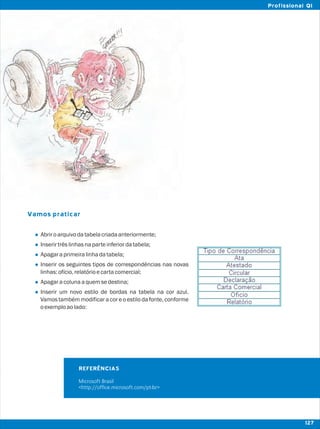 Vamos praticar
l
l
l
l
l
l
Abriroarquivodatabelacriadaanteriormente;
Inserirtrêslinhasnaparteinferiordatabela;
Apagaraprimeiralinhadatabela;
Inserir os seguintes tipos de correspondências nas novas
linhas:ofício,relatórioecartacomercial;
Apagaracolunaaquemsedestina;
Inserir um novo estilo de bordas na tabela na cor azul.
Vamos também modificar a cor e o estilo da fonte, conforme
oexemploaolado:
REFERÊNCIAS
Microsoft Brasil
<http://office.microsoft.com/pt-br>
127
Profissional QI
 