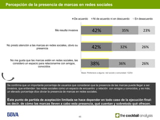 Percepción de la presencia de marcas en redes sociales


                                                       De acuerdo              Ni de acuerdo ni en descuerdo                En desacuerdo



                                        Me resulta invasiva                   42%                            35%                  23%


No presto atención a las marcas en redes sociales, obvio su
                         presencia                                           42%                           32%                   26%


  No me gusta que las marcas estén en redes sociales, las
   considero un espacio para relacionarme con amigos,
                       conocidos
                                                                            38%                           36%                    26%

                                                                   Base: Pertenece a alguna red social o comunidad: 1225n




Se confirma que un importante porcentaje de usuarios que consideran que la presencia de las marcas puede llegar a ser
invasiva, que entienden las redes sociales como un espacio de encuentro y relación con amigos y conocidos, y es más,
un elevado porcentaje dice obviar la presencia de marcas en redes sociales.


Este punto de partida de aceptación limitada se hace depender en todo caso de la ejecución final:
es decir, de cómo las marcas lleven a cabo esta presencia, qué cuentan y sobretodo qué ofrecen.



                                                              45
 