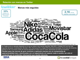 Relación con marcas en Twitter

                         Marcas más seguidas
  33%                                                                                                              2,16 marcas
contacto con
alguna marca                                                                                                     seguidas como media
 o empresa




                                                                      Base Tiene relación con alguna marca o empresa a través de Twitter: 134n

En Twitter se da un elevada dispersión en lo que se refiere a las marcas seguidas. Nike (8%) y Adidas (3%) son las más
seguidas del sector moda/deporte. Movistar (5%), Samsung (4%) y Apple (3%) del sector tecnología. En el caso de CocaCola,
alcanza un 6%. El número medio de marcas seguidas es mayor que en Tuenti, alcanzando el nivel que Facebook.
Pierden peso las marcas de gran consumo y aparecen marcas con un componente de
aspiracionalidad claro, relacionadas con un seguimiento sin esperar nada a cambio, tan sólo el
contenido por el contenido, información que resulte relevante.

                                                            48
 