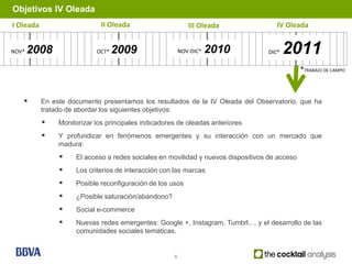 Objetivos IV Oleada
I Oleada                      II Oleada                      III Oleada              IV Oleada


NOV*   2008                 OCT*   2009                   NOV-DIC*   2010         DIC*   2011
                                                                                               *TRABAJO DE CAMPO



          En este documento presentamos los resultados de la IV Oleada del Observatorio, que ha
           tratado de abordar los siguientes objetivos:
               Monitorizar los principales indicadores de oleadas anteriores
               Y profundizar en fenómenos emergentes y su interacción con un mercado que
                madura:
                    El acceso a redes sociales en movilidad y nuevos dispositivos de acceso
                    Los criterios de interacción con las marcas
                    Posible reconfiguración de los usos
                    ¿Posible saturación/abandono?
                    Social e-commerce
                    Nuevas redes emergentes: Google +, Instagram, Tumbrl.. , y el desarrollo de las
                     comunidades sociales temáticas.


                                                      5
 