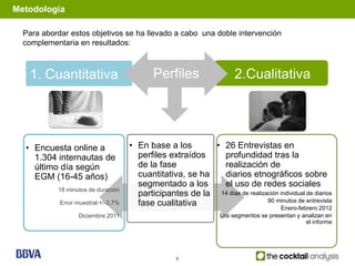 Metodología

  Para abordar estos objetivos se ha llevado a cabo una doble intervención
  complementaria en resultados:



   1. Cuantitativa                          Perfiles                   2.Cualitativa




  • Encuesta online a                • En base a los       • 26 Entrevistas en
    1.304 internautas de               perfiles extraídos    profundidad tras la
    último día según                   de la fase            realización de
    EGM (16-45 años)                   cuantitativa, se ha   diarios etnográficos sobre
                                       segmentado a los      el uso de redes sociales
           18 minutos de duración
                                       participantes de la 14 días de realización individual de diarios
                                                                             90 minutos de entrevista
            Error muestral:+/-2,7%     fase cualitativa                           Enero-febrero 2012
                  Diciembre 2011                                  Los segmentos se presentan y analizan en
                                                                                                el informe




                                                    6
 