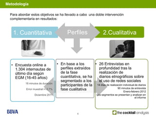 Metodología

  Para abordar estos objetivos se ha llevado a cabo una doble intervención
  complementaria en resultados:



   1. Cuantitativa                          Perfiles                   2.Cualitativa




  • Encuesta online a                • En base a los       • 26 Entrevistas en
    1.304 internautas de               perfiles extraídos    profundidad tras la
    último día según                   de la fase            realización de
    EGM (16-45 años)                   cuantitativa, se ha   diarios etnográficos sobre
                                       segmentado a los      el uso de redes sociales
           18 minutos de duración
                                       participantes de la 14 días de realización individual de diarios
                                                                             90 minutos de entrevista
            Error muestral:+/-2,7%     fase cualitativa                           Enero-febrero 2012
                  Diciembre 2011                                  Los segmentos se presentan y analizan en
                                                                                                el informe




                                                    6
 