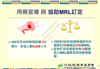 用藥宣導 與 協助MRL訂定
104年至10月辦理宣導131
場次，參加人數6,839人次
100至102年送請衛福部共計
增修訂76種藥品570項MRL
延伸訂定安莫西林等13種藥
品之MRL擴展至其他動物種
類。
18
行
政
院
行
政
院
第
3477次
院
會
會
議
8CA083D78D0BF160
 