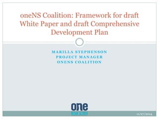oneNS Coalition: Framework for draft 
White Paper and draft Comprehensive 
Development Plan 
MARILLA STEPHENSON 
PROJECT MANAGER 
ONENS COALITION 
11/27/2014 
 