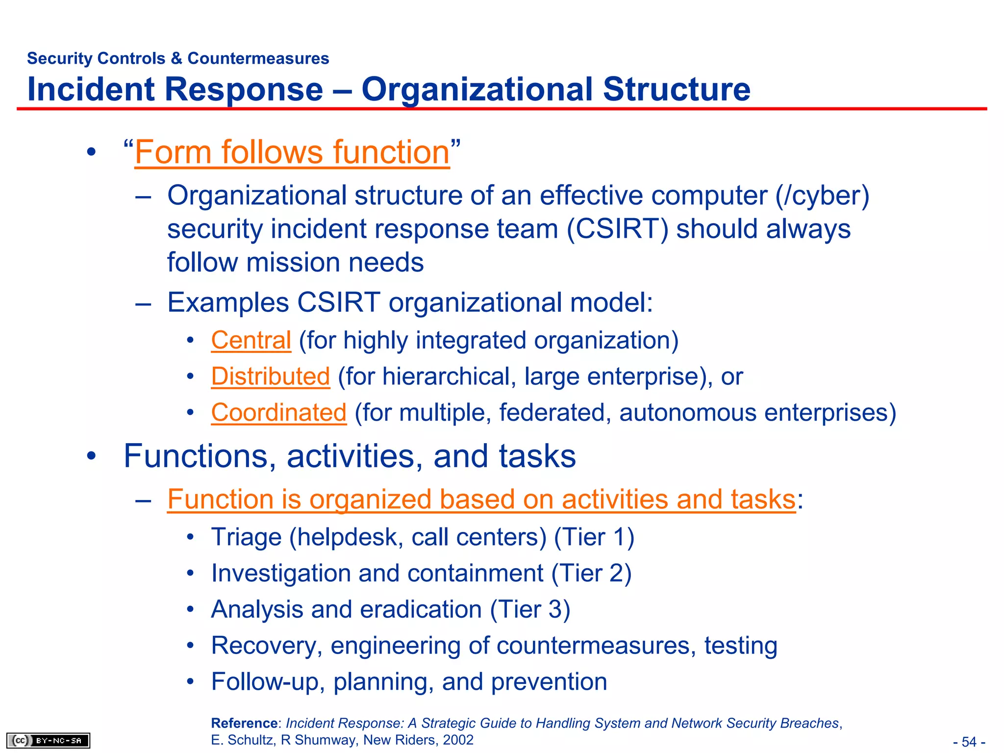 Security Controls & Countermeasures

Incident Response – Organizational Structure
      • “Form follows function”
            – Organizational structure of an effective computer (/cyber)
              security incident response team (CSIRT) should always
              follow mission needs
            – Examples CSIRT organizational model:
                  • Central (for highly integrated organization)
                  • Distributed (for hierarchical, large enterprise), or
                  • Coordinated (for multiple, federated, autonomous enterprises)
      • Functions, activities, and tasks
            – Function is organized based on activities and tasks:
                  •   Triage (helpdesk, call centers) (Tier 1)
                  •   Investigation and containment (Tier 2)
                  •   Analysis and eradication (Tier 3)
                  •   Recovery, engineering of countermeasures, testing
                  •   Follow-up, planning, and prevention
                      Reference: Incident Response: A Strategic Guide to Handling System and Network Security Breaches,
                      E. Schultz, R Shumway, New Riders, 2002                                                             - 54 -
 