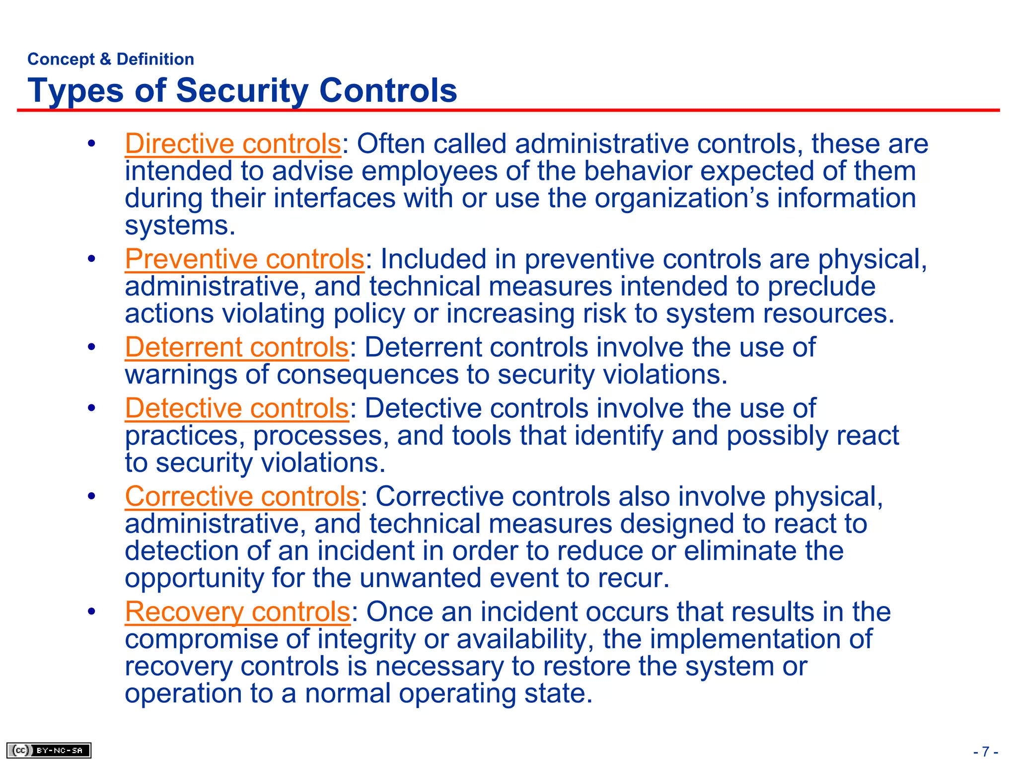 Concept & Definition

Types of Security Controls
       • Directive controls: Often called administrative controls, these are
         intended to advise employees of the behavior expected of them
         during their interfaces with or use the organization’s information
         systems.
       • Preventive controls: Included in preventive controls are physical,
         administrative, and technical measures intended to preclude
         actions violating policy or increasing risk to system resources.
       • Deterrent controls: Deterrent controls involve the use of
         warnings of consequences to security violations.
       • Detective controls: Detective controls involve the use of
         practices, processes, and tools that identify and possibly react
         to security violations.
       • Corrective controls: Corrective controls also involve physical,
         administrative, and technical measures designed to react to
         detection of an incident in order to reduce or eliminate the
         opportunity for the unwanted event to recur.
       • Recovery controls: Once an incident occurs that results in the
         compromise of integrity or availability, the implementation of
         recovery controls is necessary to restore the system or
         operation to a normal operating state.
                                                                               -7-
 