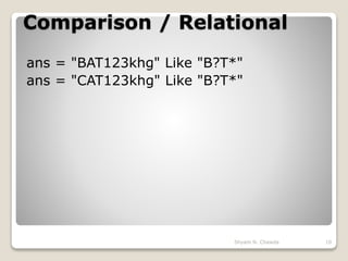Comparison / Relational
ans = "BAT123khg" Like "B?T*"
ans = "CAT123khg" Like "B?T*"
10Shyam N. Chawda
 