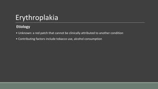 Erythroplakia
Etiology
• Unknown: a red patch that cannot be clinically attributed to another condition
• Contributing factors include tobacco use, alcohol consumption
 