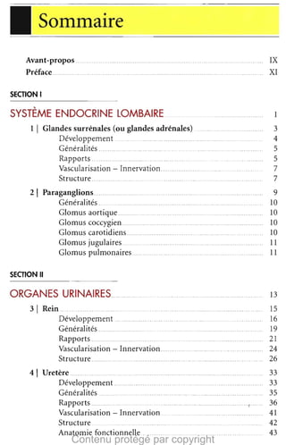I

Sommaire

Avant-propos
Preface

IX

XI


.
.

SECTION I

SYSTEME ENDOCRINE LOMBAIRE
1

1

I Glandes surrenales (ou glandes adrenales)

.

Developpernent
.._ .._
.._ .._
Generalites
_ .._ .._ .._ .
.._ .._ .._ .._
Rapports
_ .._ .._ .._
.._ .._ .._
Vasculari sation - Innervation
Structure
_ .._ _
.._ .._.
._
_

21

Paraganglions...

.
_
.
__
_ _
.._ .._

- - - - - - -- - - - -

Generalites .
.
.
Glomus aortique.
Glomus coccygien..
Glomus carotidiens
Glomus jugulaires _
Glomus pulmonaires _ .._ .._
.._ .._

3

.
.

4

5
5
7
7
9

10
10
10
10
11
11

.
.
.
.
.

SECTION II

ORGANES URINAIRES.._ .._ ..__.
.._ .._

_ _

31

Rein

41

Uretere
Developpement .
.
_..
Generalites _
.
._
Rapports
_.
"
_ _ _ ,'
Vascularisation - Innervation

Structure
__ . .... .. .. .. ....... ............... ............ ...

Anatomie fonctionnelle _ .......................................


_ .._ .._
.._ .._ .
.__ .__
Developpernent _
.._
_ .._
.._
Generalites
_ .._ .._. .
.._ .._
.
Rapports _
_ .._ ._ ._
.._ .._
Vascularisation - Innervation
Structure .

Contenu protégé par copyright

_ .._
.._ ..__
__ .__ ._ .._ _
.._
_ _
.._ .._
_. ...

13

15
16
19
21
24
26
33
33
35
36
41
42
43

 