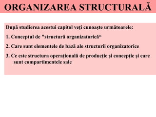 ORGANIZAREA STRUCTURALĂ
După studierea acestui capitol veţi cunoaşte următoarele:
1. Conceptul de "structură organizatorică“
2. Care sunt elementele de bază ale structurii organizatorice
3. Ce este structura operaţională de producţie şi concepţie şi care
sunt compartimentele sale
 