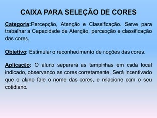 CAIXA PARA SELEÇÃO DE CORES
Categoria:Percepção, Atenção e Classificação. Serve para
trabalhar a Capacidade de Atenção, percepção e classificação
das cores.
Objetivo: Estimular o reconhecimento de noções das cores.
Aplicação: O aluno separará as tampinhas em cada local
indicado, observando as cores corretamente. Será incentivado
que o aluno fale o nome das cores, e relacione com o seu
cotidiano.
 