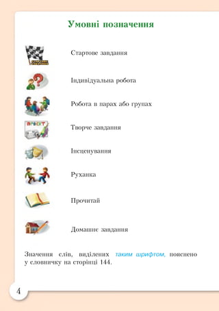 Умовні позначення
Стартове завдання
& Індивідуальна робота
м
Робота в парах або групах
ПРвг’КТу
Творче завдання
ЇЙ Інсценування
Руханка
Прочитай
® ' Домашнє завдання
Значення слів, виділених таким шрифтом, пояснено
у словничку на сторінці 144.
 