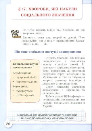 § 17. Х В О Р О Б И , ЯКІ НАБУЛИ
СОЦІАЛЬНОГО ЗН АЧ ЕН Н Я
По черзі назвіть відомі вам хвороби, на які
хворіють люди.
Запишіть назви цих хвороб на дошці. Про­
аналізуйте, які з них є інфекційними (зараз­
ними), а які — ні.
Що таке соціально значущі захворювання
Існують хвороби, які швидко
поширюються і охоплюють
велику кількість людей. їх
називають соціально значущими.
Вони призводять до зростання
смертності серед населення і до
збільшення витрат на лікування
хворих, допомогу інвалідам і
державне утримання сиріт.
Серед соціально значущих
захворювань є інфекційні та
неінфекційні.
Туберкульоз і ВІЛ-інфекція —
це інфекційні захворювання, що
набули соціального значення в
Україні.
Соціально значущими називають хвороби,
які охоплюють.велику кількість людей.
{ . ;Соціально значущі
захворювання
неінфекційні:
• цукровий діабет
• серцево-судинні
інфекційні:
• туберкульоз
• ВІЛ-інфекція
 