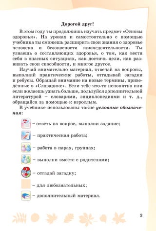 3
Äîðîãîé äðóã!
Â ýòîì ãîäó òû ïðîäîëæèøü èçó÷àòü ïðåäìåò «Îñíîâû
çäîðîâüÿ». Íà óðîêàõ è ñàìîñòîÿòåëüíî ñ ïîìîùüþ
ó÷åáíèêà òû ñìîæåøü ðàñøèðèòü ñâîè çíàíèÿ î çäîðîâüå
÷åëîâåêà è áåçîïàñíîñòè æèçíåäåÿòåëüíîñòè. Òû
óçíàåøü î ñîñòàâëÿþùèõ çäîðîâüÿ, î òîì, êàê âåñòè
ñåáÿ â îïàñíûõ ñèòóàöèÿõ, êàê äîñòè÷ü öåëè, êàê ðàç-
âèâàòü ñâîè ñïîñîáíîñòè, è ìíîãîå äðóãîå.
Èçó÷àé âíèìàòåëüíî ìàòåðèàë, îòâå÷àé íà âîïðîñû,
âûïîëíÿé ïðàêòè÷åñêèå ðàáîòû, îòãàäûâàé çàãàäêè
è ðåáóñû. Îáðàùàé âíèìàíèå íà íîâûå òåðìèíû, ïðèâå-
äёííûå â «Ñëîâàðèêå». Åñëè òåáå ÷òî-òî íåïîíÿòíî èëè
åñëè æåëàåøü óçíàòü áîëüøå, ïîëüçóéñÿ äîïîëíèòåëüíîé
ëèòåðàòóðîé – ñëîâàðÿìè, ýíöèêëîïåäèÿìè è ò. ä.,
îáðàùàéñÿ çà ïîìîùüþ ê âçðîñëûì.
Â ó÷åáíèêå èñïîëüçîâàíû òàêèå óñëîâíûå îáîçíà÷å-
íèÿ:
– îòâåòü íà âîïðîñ, âûïîëíè çàäàíèå;
– ïðàêòè÷åñêàÿ ðàáîòà;
– ðàáîòà â ïàðàõ, ãðóïïàõ;
– âûïîëíè âìåñòå ñ ðîäèòåëÿìè;
– îòãàäàé çàãàäêó;
– äëÿ ëþáîçíàòåëüíûõ;
– äîïîëíèòåëüíûé ìàòåðèàë.
 