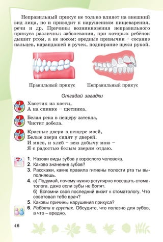 46
Íåïðàâèëüíûé ïðèêóñ íå òîëüêî âëèÿåò íà âíåøíèé
âèä ëèöà, íî è ïðèâîäèò ê íàðóøåíèÿì ïèùåâàðåíèÿ,
ðå÷è è äð. Ïðè÷èíû âîçíèêíîâåíèÿ íåïðàâèëüíîãî
ïðèêóñà ðàçëè÷íû: çàáîëåâàíèÿ, ïðè êîòîðûõ ðåáёíîê
äûøèò ðòîì, à íå íîñîì; âðåäíûå ïðèâû÷êè – ñîñàíèå
ïàëüöåâ, êàðàíäàøåé è ðó÷åê, ïîäïèðàíèå ùåêè ðóêîé.
Ïðàâèëüíûé ïðèêóñ Íåïðàâèëüíûé ïðèêóñ
Отгадай загадки
Õâîñòèê èç êîñòè,
À íà ñïèíêå – ùåòèíêà.
Áåëàÿ ðåêà â ïåùåðó çàòåêëà,
×èñòèò äîáåëà.
Êðàñíûå äâåðè â ïåùåðå ìîåé,
Áåëûå çâåðè ñèäÿò ó äâåðåé.
È ìÿñî, è õëåá – âñþ äîáû÷ó ìîþ –
ß ñ ðàäîñòüþ áåëûì çâåðÿì îòäàþ.
1. Назови виды зубов у взрослого человека.
2. Каково значение зубов?
3. Расскажи, какие правила гигиены полости рта ты вы-
полняешь.
4. а) Подумай, почему нужно регулярно посещать стома-
толога, даже если зубы не болят.
б) Вспомни свой последний визит к стоматологу. Что
советовал тебе врач?
5. Каковы причины нарушения прикуса?
6. Работа в группах. Обсудите, что полезно для зубов,
а что – вредно.
 