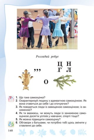 140
Ðîçãàäàé ðåáóñ
Î
,,, Ã Ë
Ö Í
1. Що таке самооцінка?
2. Охарактеризуй людину з адекватною самооцінкою. Як
вона ставиться до себе і до оточуючих?
3. Як поводяться люди із завищеною самооцінкою; із за-
ниженою?
4. Як ти вважаєш, чи можуть люди із заниженою само-
оцінкою досягти успіхів у навчанні, спорті тощо?
5. Як можна підвищити самооцінку?
6. Обговори з батьками, чи потрібно тобі щось змінити у
ставленні до себе.
 