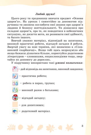 3
Ëþáèé äðóæå!
Öüîãî ðîêó òè ïðîäîâæèø âèâ÷àòè ïðåäìåò «Îñíîâè
çäîðîâ’ÿ». Íà óðîêàõ і ñàìîñòіéíî çà äîïîìîãîþ ïіä-
ðó÷íèêà òè çìîæåø ïîãëèáèòè ñâîї çíàííÿ ïðî çäîðîâ’ÿ
ëþäèíè é áåçïåêó æèòòєäіÿëüíîñòі. Òè äіçíàєøñÿ ïðî
ñêëàäîâі çäîðîâ’ÿ, ïðî òå, ÿê ïîâîäèòèñÿ â íåáåçïå÷íèõ
ñèòóàöіÿõ, ÿê äîñÿãòè ìåòè, ÿê ðîçâèâàòè ñâîї çäіáíîñòі,
òà áàãàòî іíøîãî.
Âèâ÷àé óâàæíî ìàòåðіàë, âіäïîâіäàé íà çàïèòàííÿ,
âèêîíóé ïðàêòè÷íі ðîáîòè, âіäãàäóé çàãàäêè é ðåáóñè.
Çâåðòàé óâàãó íà íîâі òåðìіíè, ÿêі âèçíà÷åíî â «Ñëîâ-
íèêîâіé ñêàðáíè÷öі». ßêùî òîáі ùîñü íåçðîçóìіëî àáî
ÿêùî áàæàєø äіçíàòèñÿ áіëüøå, êîðèñòóéñÿ äîäàòêîâîþ
ëіòåðàòóðîþ – ñëîâíèêàìè, åíöèêëîïåäіÿìè òîùî, çâåð-
òàéñÿ ïî äîïîìîãó äî äîðîñëèõ.
Ó ïіäðó÷íèêó âèêîðèñòàíî òàêі óìîâíі ïîçíà÷åííÿ:
–äàé âіäïîâіäü íà çàïèòàííÿ, âèêîíàé çàâäàííÿ;
– ïðàêòè÷íà ðîáîòà;
– ðîáîòà â ïàðàõ, ãðóïàõ;
– âèêîíàé ðàçîì ç áàòüêàìè;
– âіäãàäàé çàãàäêó;
– äëÿ äîïèòëèâèõ;
– äîäàòêîâèé ìàòåðіàë.
 