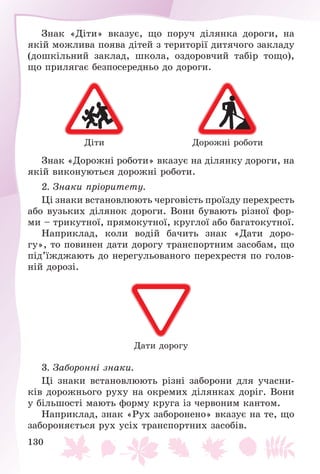 130
Çíàê «Äіòè» âêàçóє, ùî ïîðó÷ äіëÿíêà äîðîãè, íà
ÿêіé ìîæëèâà ïîÿâà äіòåé ç òåðèòîðії äèòÿ÷îãî çàêëàäó
(äîøêіëüíèé çàêëàä, øêîëà, îçäîðîâ÷èé òàáіð òîùî),
ùî ïðèëÿãàє áåçïîñåðåäíüî äî äîðîãè.
Äіòè Äîðîæíі ðîáîòè
Çíàê «Äîðîæíі ðîáîòè» âêàçóє íà äіëÿíêó äîðîãè, íà
ÿêіé âèêîíóþòüñÿ äîðîæíі ðîáîòè.
2. Çíàêè ïðіîðèòåòó.
Öі çíàêè âñòàíîâëþþòü ÷åðãîâіñòü ïðîїçäó ïåðåõðåñòü
àáî âóçüêèõ äіëÿíîê äîðîãè. Âîíè áóâàþòü ðіçíîї ôîð-
ìè – òðèêóòíîї, ïðÿìîêóòíîї, êðóãëîї àáî áàãàòîêóòíîї.
Íàïðèêëàä, êîëè âîäіé áà÷èòü çíàê «Äàòè äîðî-
ãó», òî ïîâèíåí äàòè äîðîãó òðàíñïîðòíèì çàñîáàì, ùî
ïіä’їæäæàþòü äî íåðåãóëüîâàíîãî ïåðåõðåñòÿ ïî ãîëîâ-
íіé äîðîçі.
Äàòè äîðîãó
3. Çàáîðîííі çíàêè.
Öі çíàêè âñòàíîâëþþòü ðіçíі çàáîðîíè äëÿ ó÷àñíè-
êіâ äîðîæíüîãî ðóõó íà îêðåìèõ äіëÿíêàõ äîðіã. Âîíè
ó áіëüøîñòі ìàþòü ôîðìó êðóãà іç ÷åðâîíèì êàíòîì.
Íàïðèêëàä, çíàê «Ðóõ çàáîðîíåíî» âêàçóє íà òå, ùî
çàáîðîíÿєòüñÿ ðóõ óñіõ òðàíñïîðòíèõ çàñîáіâ.
 