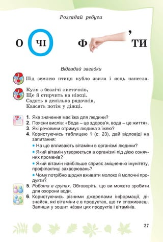 27
Ðîçãàäàé ðåáóñè
Î
О×І Ô ÒÈ
,
Відгадай загадки
Ïіä çåìëåþ ïòèöÿ êóáëî çâèëà і ÿєöü íàíåñëà.
Êóëÿ ç áåçëі÷і ëèñòî÷êіâ,
Ùå é ñòèð÷èòü íà íіæöі.
Ñàäÿòü â äåêіëüêà ðÿäî÷êіâ,
Êâàñÿòü ïîòіì ó äіæöі.
1. Яке значення має їжа для людини?
2. Поясни вислів: «Вода – це здоров’я, вода – це життя».
3. Які речовини отримує людина з їжею?
4. Користуючись таблицею 1 (с. 23), дай відповіді на
запитання:
  На що впливають вітаміни в організмі людини?
  Який вітамін утворюється в організмі під дією соняч-
них променів?
  Який вітамін найбільше сприяє зміцненню імунітету,
профілактиці захворювань?
  Чому потрібно щодня вживати молоко й молочні про-
дукти?
5. Робота в групах. Обговоріть, що ви можете зробити
для охорони води.
6. Користуючись різними джерелами інформації, ді-
знайся, які вітаміни є в продуктах, що ти споживаєш.
Запиши у зошит назви цих продуктів і вітамінів.
 