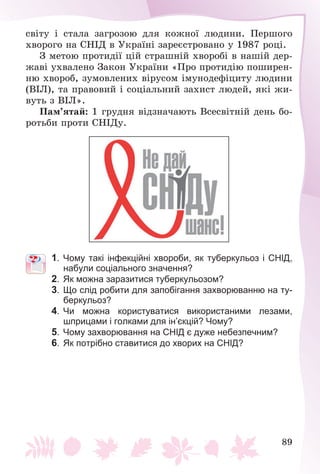 89
ñâіòó і ñòàëà çàãðîçîþ äëÿ êîæíîї ëþäèíè. Ïåðøîãî
õâîðîãî íà ÑÍІÄ â Óêðàїíі çàðåєñòðîâàíî ó 1987 ðîöі.
Ç ìåòîþ ïðîòèäії öіé ñòðàøíіé õâîðîáі â íàøіé äåð-
æàâі óõâàëåíî Çàêîí Óêðàїíè «Ïðî ïðîòèäіþ ïîøèðåí-
íþ õâîðîá, çóìîâëåíèõ âіðóñîì іìóíîäåôіöèòó ëþäèíè
(ÂІË), òà ïðàâîâèé і ñîöіàëüíèé çàõèñò ëþäåé, ÿêі æè-
âóòü ç ÂІË».
Ïàì’ÿòàé: 1 ãðóäíÿ âіäçíà÷àþòü Âñåñâіòíіé äåíü áî-
ðîòüáè ïðîòè ÑÍІÄó.
1. Чому такі інфекційні хвороби, як туберкульоз і СНІД,
набули соціального значення?
2. Як можна заразитися туберкульозом?
3. Що слід робити для запобігання захворюванню на ту-
беркульоз?
4. Чи можна користуватися використаними лезами,
шприцами і голками для ін’єкцій? Чому?
5. Чому захворювання на СНІД є дуже небезпечним?
6. Як потрібно ставитися до хворих на СНІД?
 
